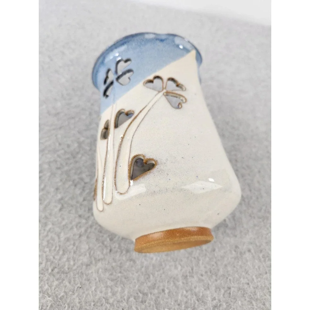 Vtg Welsh Art‎ Pottery Candle Vase Pillar Gray Davis Heart Flowers Clovers 1983